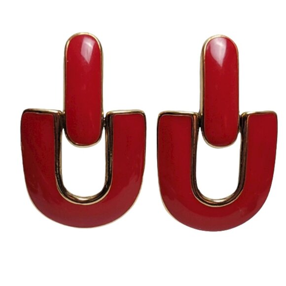 Trifari Gold Tone Red Enamel Door Knocker Hinged Clip On Earrings, Signed - Picture 4 of 7